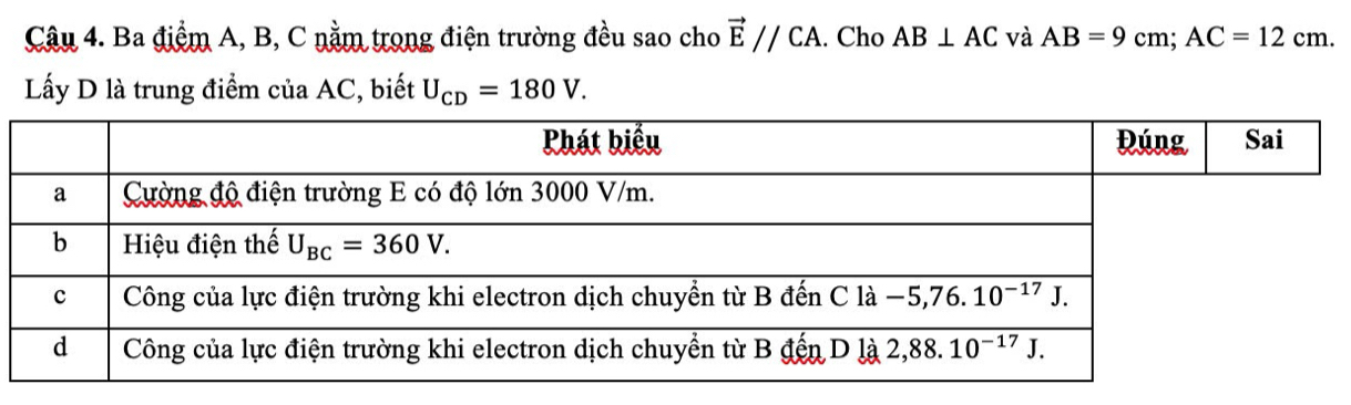 Ba điểm A, B, C nằm trong điện trường đều sao cho vector E//CA. Cho AB⊥ AC và AB=9cm;AC=12cm.
Lấy D là trung điểm của AC, biết U_CD=180V.