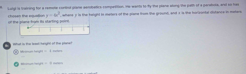 Luigi is training for a remote control plane aerobatics competition. He wants to fly the plane along the path of a parabola, and so has
chosen the equation y=4x^2 , where y is the height in meters of the plane from the ground, and χ is the horizontal distance in meters
of the plane from its starting point.
8c What is the least height of the plane?
x Minimum height = 4 meters
Minimum height =0 meters.