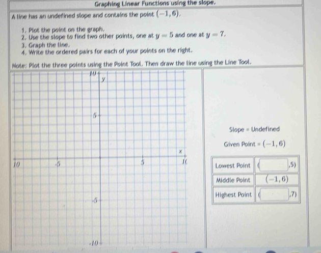 Graphing Linear Functions using the slope. 
A line has an undefined slope and contains the point (-1,6), 
1. Plot the point on the graph. 
2. Use the slope to find two other points, one at y=5 and one at y=7. 
3. Graph the line. 
4. Write the ordered pairs for each of your points on the right. 
sing the Line Tool. 
Slope = Undefined 
Given Point =(-1,6)
Lowest Point (□ , 5)
Middle Point (-1,6)
Highest Point (□ ,7)
-10