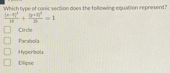 Which type of conic section does the following equation represent?
frac (x-5)^216+frac (y+2)^225=1
Circle
Parabola
Hyperbola
Ellipse