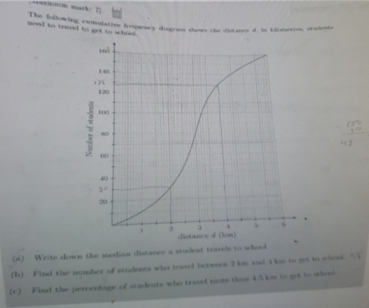 xmm mark 
The following cumalative frequency disgram shows the discance d, in kilometres, storients 
need to travel to get to school.
frac (∈t _1)^5C_2^2(C_1)^1
(a) Write down the median distance a student travels to school. 
(b) Find the number of students who travel between 2 km and 4 km to get to school.? 
(c) Find the percentage of students who travel more than 4.5 km to get to school