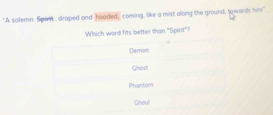 “A solemn Spirit , draped and hooded, coming, like a mist along the ground, towards him”.
Which word fits better than "Spirit"?
Demon
Ghost
Phantom
Ghoul