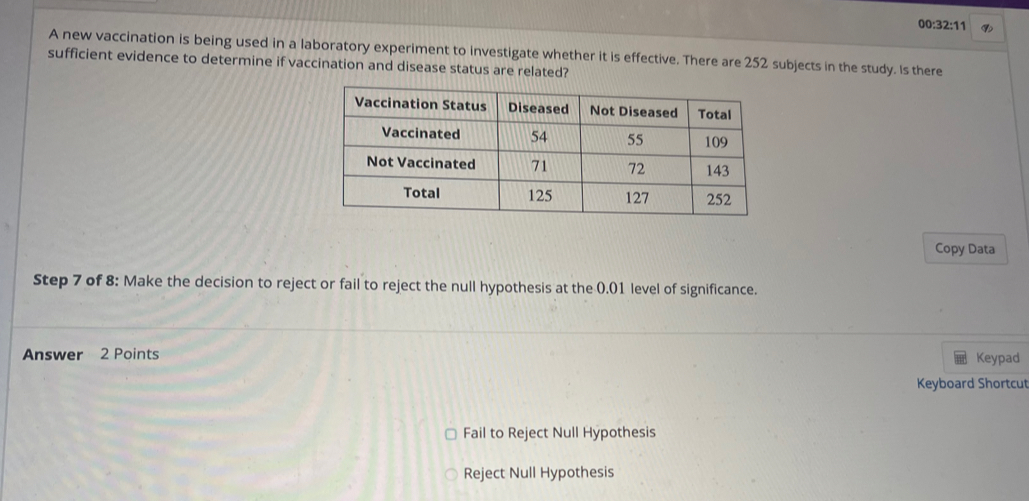 00:32:11
A new vaccination is being used in a laboratory experiment to investigate whether it is effective. There are 252 subjects in the study. Is there
sufficient evidence to determine if vaccination and disease status are related?
Copy Data
Step 7 of 8: Make the decision to reject or fail to reject the null hypothesis at the 0.01 level of significance.
Answer 2 Points Keypad
Keyboard Shortcut
Fail to Reject Null Hypothesis
Reject Null Hypothesis