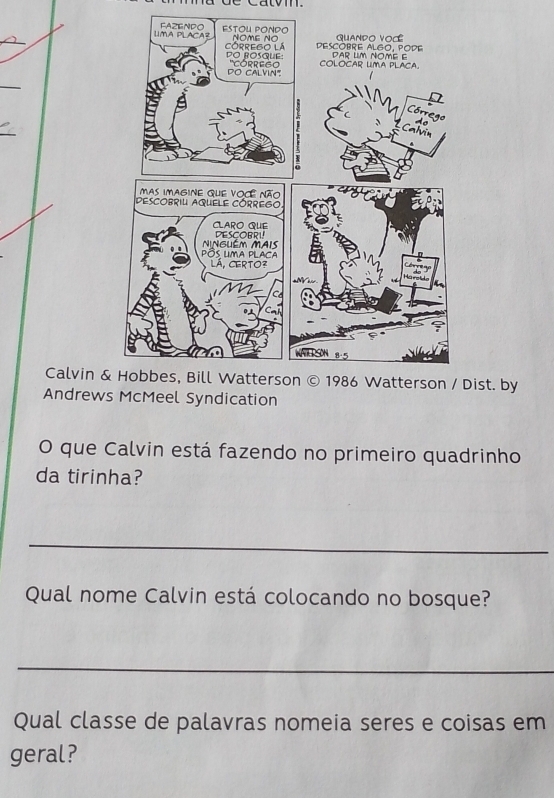 Calvin &ist. by 
Andrews McMeel Syndication 
O que Calvin está fazendo no primeiro quadrinho 
da tirinha? 
_ 
Qual nome Calvin está colocando no bosque? 
_ 
Qual classe de palavras nomeia seres e coisas em 
geral?