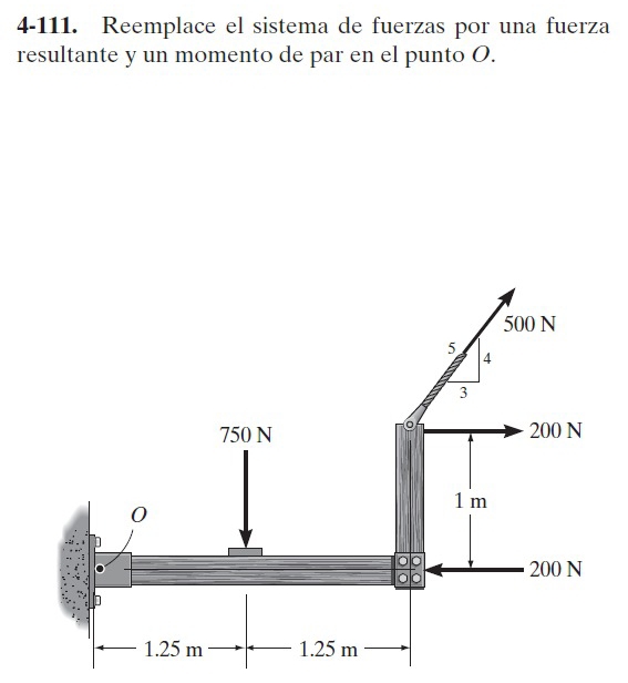 4-111. Reemplace el sistema de fuerzas por una fuerza 
resultante y un momento de par en el punto O.