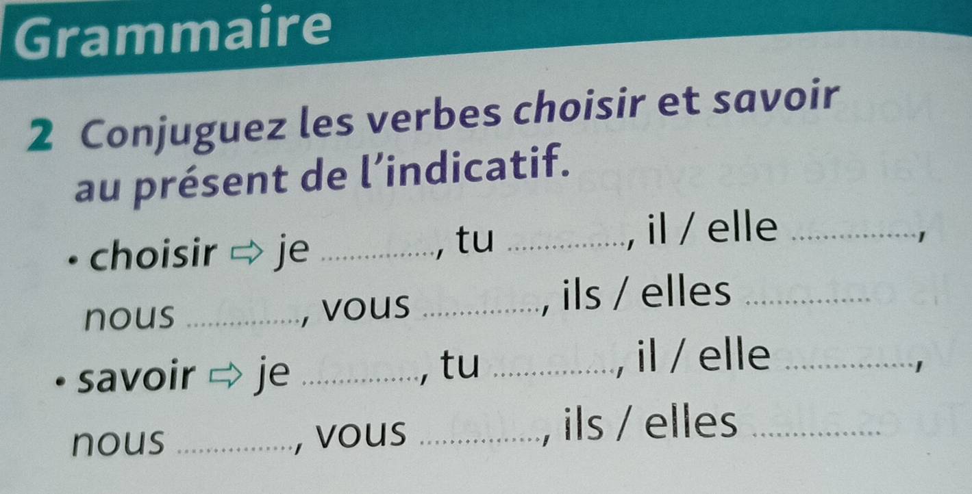 Grammaire 
2 Conjuguez les verbes choisir et savoir 
au présent de l’indicatif. 
choisir je _, tu_ 
, il / elle_ 
nous _, vous_ 
, ils / elles_ 
savoir je _, tu_ 
, il / elle_ 
I 
nous _, vous_ 
, ils / elles_