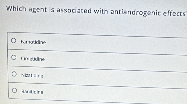 Which agent is associated with antiandrogenic effects
Famotidine
Cimetidine
Nizatidine
Ranitidine