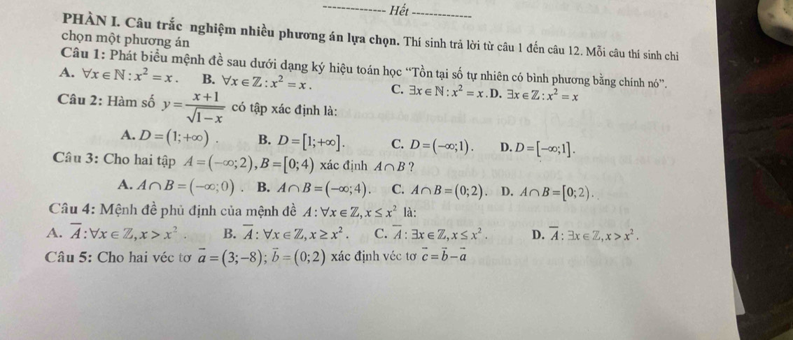 Hết_
PHÀN I. Câu trắc nghiệm nhiều phương án lựa chọn. Thí sinh trả lời từ câu 1 đến câu 12. Mỗi câu thí sinh chiỉ
chọn một phương án
Câu 1: Phát biểu mệnh đề sau dưới dạng ký hiệu toán học “Tồn tại số tự nhiên có bình phương bằng chính nó”.
A. forall x∈ N:x^2=x. B. forall x∈ Z:x^2=x. exists x∈ Z:x^2=x
C. exists x∈ N:x^2=x.D.
Câu 2: Hàm số y= (x+1)/sqrt(1-x)  có tập xác định là:
A. D=(1;+∈fty ). B. D=[1;+∈fty ]. C. D=(-∈fty ;1). D. D=[-∈fty ;1].
Câu 3: Cho hai tập A=(-∈fty ;2),B=[0;4) xác định A∩ B ?
A. A∩ B=(-∈fty ;0). B. A∩ B=(-∈fty ;4). C. A∩ B=(0;2) D. A∩ B=[0;2).
Câu 4: Mệnh đề phủ định của mệnh đề A:forall x∈ Z,x≤ x^2 là:
A. overline A:forall x∈ Z,x>x^2 B. overline A:forall x∈ Z,x≥ x^2. C. overline A:exists x∈ Z,x≤ x^2. D. overline A:exists x∈ Z,x>x^2.
Câu 5: Cho hai véc tơ vector a=(3;-8);vector b=(0;2) xác định véc tơ vector c=vector b-vector a