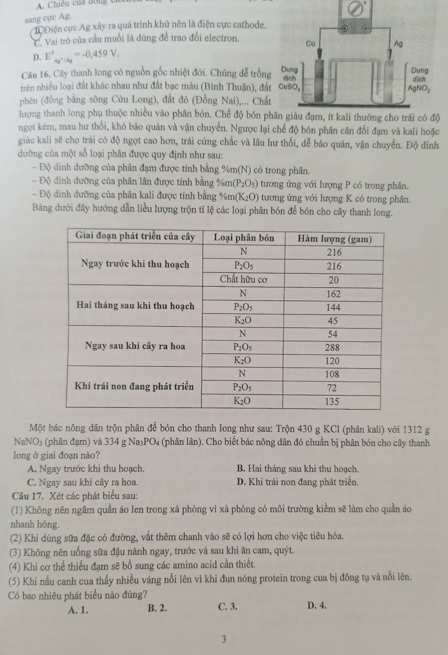 A. Chiều của đồng cỉ
sang cực Ag.
BĐiện cực Ag xảy ra quá trình khủ nên là điện cực cathode.
C. Vai trò của cầu muối là dùng để trao đổi electron.
D. E_(AE'/Ag)°=-0,459V.
Câu 16. Cây thanh long có nguồn gốc nhiệt đới. Chúng đễ trồng
trên nhiều loại đất khác nhau như đất bạc màu (Bình Thuận), đấ
phèn (đồng bằng sông Cửu Long), đất đỏ (Đồng Nai),... Chất
lượng thanh long phụ thuộc nhiều vào phân bón. Chế độ bón p
ngọt kém, mau hư thối, khó bảo quản và vận chuyển. Ngược lại chế độ bón phân cân đối đạm và kali hoặc
giàu kali sẽ cho trái có độ ngọt cao hơn, trái cứng chắc và lâu hư thối, dễ bảo quản, vận chuyển. Độ dinh
dưỡng của một số loại phân được quy định như sau:
- Độ dinh dưỡng của phân đạm được tính bằng %m(N) có trong phân.
- Độ dinh dưỡng của phân lân được tính bằng %m (P_2O_5) tương ứng với lượng P có trong phân.
- Độ dinh dưỡng của phân kali được tính bằng m(K_2O) tương ứng với lượng K có trong phân.
Bảng dưới đây hướng dẫn liều lượng trộn tỉ lệ các loại phân bón để bón cho cây thanh long.
Một bác nông dân trộn phân để bón cho thanh long như sau: Trộn 430 g KCl (phân kali) với 1312 g
NaNO3 (phân đạm) và 334 g Na₃PO4 (phân lân). Cho biết bác nông dân đó chuẩn bị phân bón cho cây thanh
long ở giai đoạn nào?
A. Ngay trước khi thu hoạch. B. Hai tháng sau khi thu hoạch.
C. Ngay sau khi cây ra hoa. D. Khi trái non đang phát triển.
Câu 17. Xét các phát biểu sau:
(1) Không nên ngâm quần áo len trong xà phòng vì xà phòng có môi trường kiểm sẽ làm cho quần áo
nhanh hỏng.
(2) Khi dùng sữa đặc có đường, vắt thêm chanh vào sẽ có lợi hơn cho việc tiêu hóa.
(3) Không nên uống sữa đậu nành ngay, trước và sau khi ăn cam, quýt.
(4) Khi cơ thể thiếu đạm sẽ bổ sung các amino acid cần thiết.
(5) Khi nấu canh cua thấy nhiều váng nổi lên vì khi đun nóng protein trong cua bị đông tụ và nổi lên.
Có bao nhiêu phát biểu nào đúng?
A. 1. B. 2. C. 3. D. 4.
3