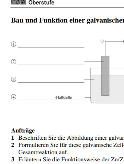 Oberstufe 
Bau und Funktion einer galvanischer 

① 
_ 
_ 
② 
③ 
_ 
_ 
_ 
④ -Halbzelle 
Aufträge 
1 Beschriften Sie die Abbildung einer galvar 
2 Formulieren Sie für diese galvanische Zell 
Gesamtreaktion auf. 
3 Erläutern Sie die Funktionsweise der Zn/Z: