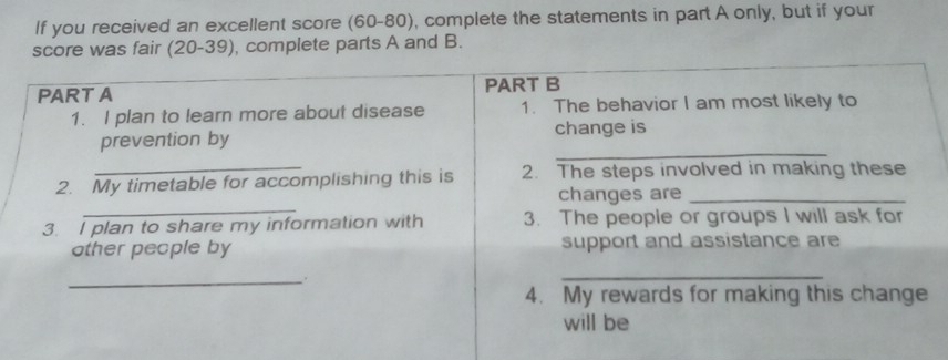 If you received an excellent score (60-80), complete the statements in part A only, but if your 
score was fair (20 - 39), complete parts A and B.