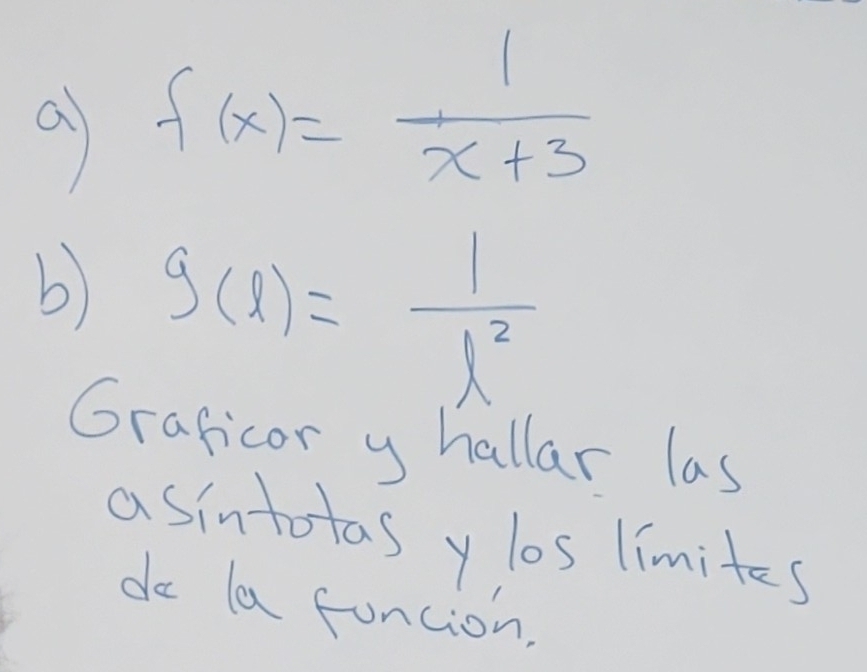 a f(x)= 1/x+3 
b g(l)= 1/l^2 
Graficor y hallar las 
asintotas ylos limites 
do la funcion,