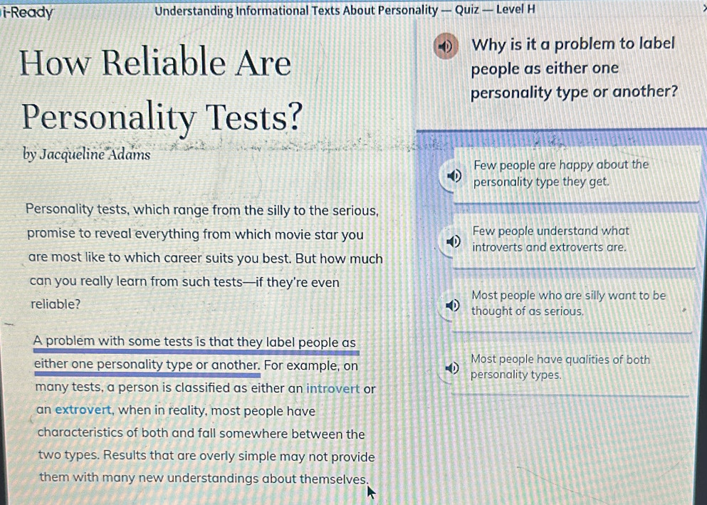 Solved: i-Ready Understanding Informational Texts About Personality ...