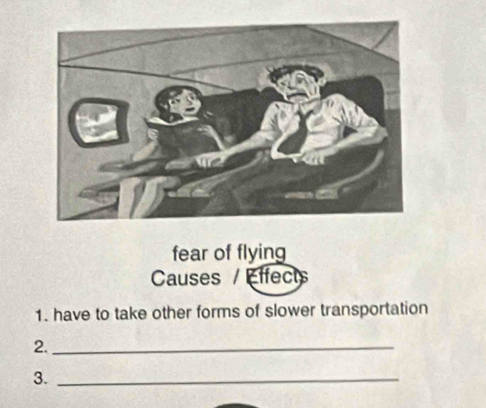 fear of flying 
Causes / Effects 
1. have to take other forms of slower transportation 
2._ 
3._