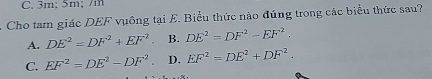 3m; 5m; /m
Cho tam giác DEF vuông tại E. Biểu thức nào đúng trong các biểu thức sau?
A. DE^2=DF^2+EF^2. B. DE^2=DF^2-EF^2.
C. EF^2=DE^2-DF^2. D. EF^2=DE^2+DF^2.