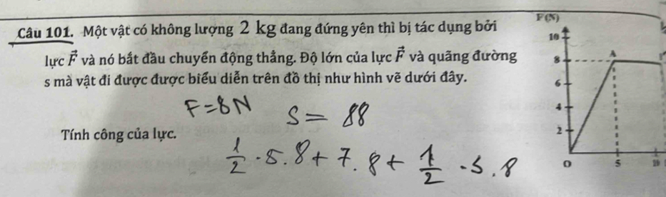 Một vật có không lượng 2 kg đang đứng yên thì bị tác dụng bởi F(N) 1 
10 
lực vector F và nó bắt đầu chuyển động thẳng. Độ lớn của lực vector F và quãng đường 8 A r 
s mà vật đi được được biểu diễn trên đồ thị như hình vẽ dưới đây.
6
4 
Tính công của lực.
2
0 5