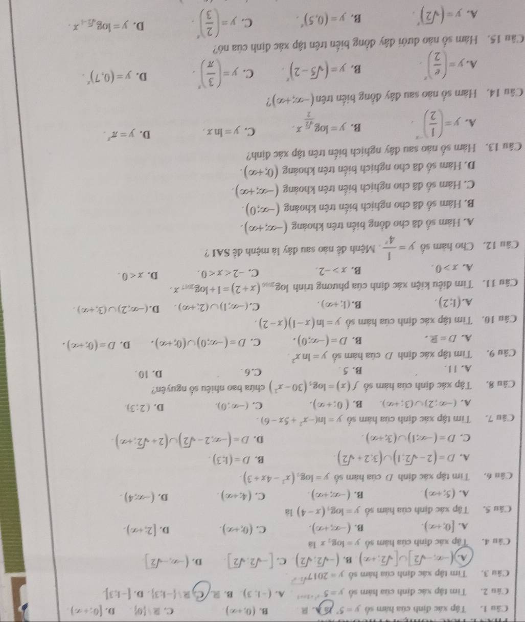 Tập xác định của hàm số y=5^x R B. (0,+∈fty ) C. R|(0) D. [0;+∈fty ).
Câu 2. Tìm tập xác định của hàm số y=5 A. (-1,3). B. R a, -1;3 . D. [-1;3].
Câu 3. Tìm tập xác định của hàm số y=2017^(sqrt())
A. (-∈fty ;-sqrt(2)]∪ [sqrt(2);+∈fty ) B. (-sqrt(2);sqrt(2)) C. [-sqrt(2),sqrt(2)]. D. (-∈fty ,-sqrt(2)]
Câu 4. Tập xác định của hàm số y=log _2x18
A. [0,+∈fty ). B. (-∈fty ,+∈fty ). C. (0,+∈fty ). D. [2;+∈fty ).
Câu 5. Tập xác định của hàm số y=log _5(x-4) là
A. (5,+∈fty ). B. (-∈fty ,+∈fty ). C. (4;+∈fty ). D. (-∈fty ,4).
Câu 6. Tim tập xác định D của hàm số y=log _3(x^2-4x+3).
A. D=(2-sqrt(2);1)∪ (3:2+sqrt(2))
B. D=(1:3).
C. D=(-∈fty ,1)∪ (3,+∈fty ). D. D=(-∈fty ,2-sqrt(2))∪ (2+sqrt(2);+∈fty ).
Câu 7. Tìm tập xác định của hàm số y=ln (-x^2+5x-6).
A. (-∈fty ;2)∪ (3;+∈fty ). B. (0;+∈fty ). C. (-∈fty ;0). D. (2;3).
Câu 8. Tập xác định của hàm số f(x)=log _5(30-x^2) chứa bao nhiêu số nguyên?
A.11. B. 5 . C.6 .
D. 10 .
Câu 9. Tìm tập xác định D của hàm số y=ln x^2.
A. D=R. B. D=(-x,0). C. D=(-x,0)∪ (0;+∈fty ). D. D=(0,+∈fty ).
Câu 10. Tìm tập xác định của hám số y=ln (x-1)(x-2).
A. (1:2).
B. (1;+∈fty ). C. (-∈fty ,1)∪ (2;+∈fty ). D. (-∈fty ,2)∪ (3,+∈fty ).
Câu 11. Tìm điều kiện xác định của phương trình log _2016(x+2)=1+log _2017x.
A. x>0. B. x>-2. C. -2 D. x<0.
Câu 12. Cho hàm số y= 1/4'  Mệnh đề nào sau đây là mệnh đề SAI ?
A. Hàm số đã cho đông biến trên khoảng (-∈fty ,+∈fty ).
B. Hàm số đã cho nghịch biến trên khoảng (-∈fty ;0).
C. Hám số đã cho nghịch biến trên khoảng (-∈fty ,+∈fty ).
D. Hàm số đã cho nghịch biến trên khoảng (0,+∈fty ).
Câu 13. Hàm số nào sau đây nghịch biến trên tập xác định?
A. y=( 1/2 )^-x. B. y=log _ sqrt(2)/2 x. C. y=ln x. D. y=π^x.
Câu 14. Hàm số nào sau đây đồng biến trên (-∈fty ,+∈fty ) ?
A. y=( e/2 )^x.
B. y=(sqrt(5)-2)^x. C. y=( 3/π  )^x. D. y=(0,7)^x.
Câu 15. Hàm số nào dưới đây đồng biển trên tập xác định của nó?
A. y=(sqrt(2))'. B. y=(0,5)^4. C. y=( 2/3 )^x. D. y=log _sqrt(2)-1x.