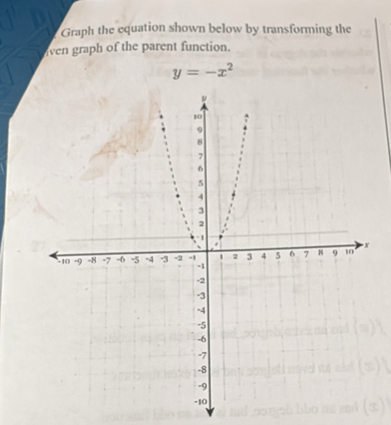 Graph the equation shown below by transforming the 
iven graph of the parent function.
y=-x^2