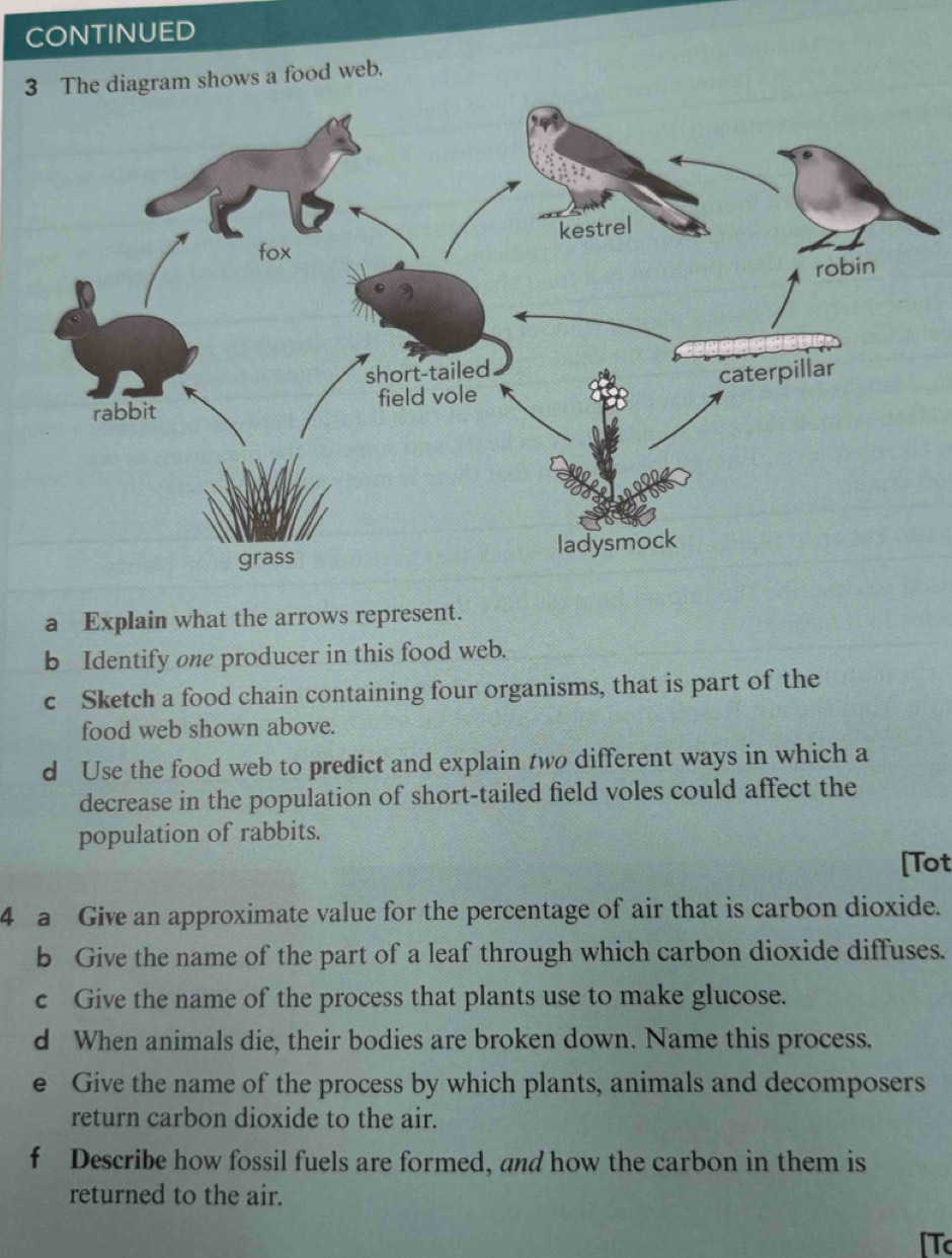 CONTINUED 
3 The diagram shows a food web. 
a Explain what the arrows represent. 
b Identify one producer in this food web. 
c Sketch a food chain containing four organisms, that is part of the 
food web shown above. 
d Use the food web to predict and explain two different ways in which a 
decrease in the population of short-tailed field voles could affect the 
population of rabbits. 
[Tot 
4 a Give an approximate value for the percentage of air that is carbon dioxide. 
b Give the name of the part of a leaf through which carbon dioxide diffuses. 
c Give the name of the process that plants use to make glucose. 
d When animals die, their bodies are broken down. Name this process. 
e Give the name of the process by which plants, animals and decomposers 
return carbon dioxide to the air. 
+ Describe how fossil fuels are formed, and how the carbon in them is 
returned to the air. 
[Tc