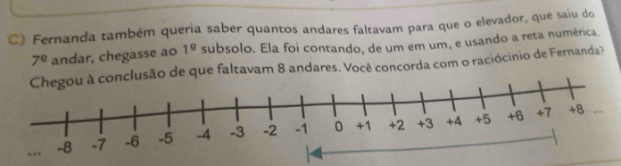 Fernanda também queria saber quantos andares faltavam para que o elevador, que saiu do
7^(_ circ) andar, chegasse ao 1^(_ circ) subsolo. Ela foi contando, de um em um, e usando a reta numérica 
conclusão de que faltavam 8 andares. Você concorda com o raciócinio de Fernanda?