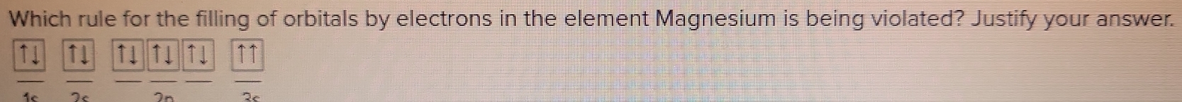 Which rule for the filling of orbitals by electrons in the element Magnesium is being violated? Justify your answer.
↑↓ 11 1 1 ↑1 ↑↑
Ic In