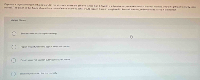 Pepsin is a digestive enzyme that is found in the stomach, where the pH level is less than 3. Trypsin is a digestive enzyme that is found in the small intestine, where the pH level is slightly above
neutral. The graph in this figure shows the activity of these enzymes. What would happen if pepsin was placed in the small intestine, and trypsin was placed in the stomach?
Mulsple Chorce
Both eruzymes would stop functioning
Pepsin would function but trypsin would not function
Pepsin would not function but trypsin would function.
Both enzymes would function normally