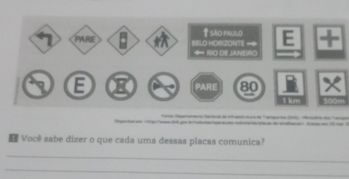 500m
Faras Cnpartamento Nacional de Infraestrutra de Trmportos (DNIs) - Ministóría dos Tracnpón 
Dispordvel em: cesso aos 02 mar. 75 
Você sabe dizer o que cada uma dessas placas comunica? 
_ 
_