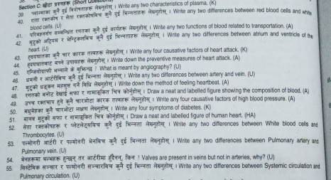 39 फास्माक  Section C: ster semre (Shon Uun
hed ceratet e cकe को कई मनw HenH 1 Write any two differences between red blood cells and whi z^2 eg firans Aeकiस 1 Write any two characteristics of plasma. (K)
blood cells. (Li)
41   sfraods an cmar ait if ardr He en 1 Write any two functions of blood related to transportation. (A)
42 मुटुओ ऑटरिकम र भेन्ट्रकलकय कन दुई विललाहर लेसनस : Write any two differences between atrium and ventricle of te
heart. (U)
43. e की