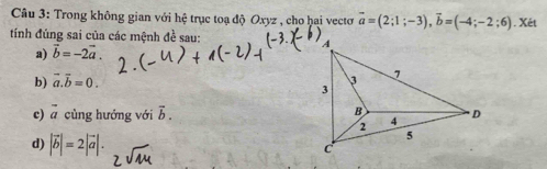 Trong không gian với hệ trục toạ độ Oxyz , cho hai vectơ vector a=(2;1;-3), vector b=(-4;-2;6). Xét 
tính đúng sai của các mệnh đề sau: 
a) vector b=-2vector a. 
b) vector a.vector b=0. 
c) vector a cùng hướng với vector b. 
d) |vector b|=2|vector a|.