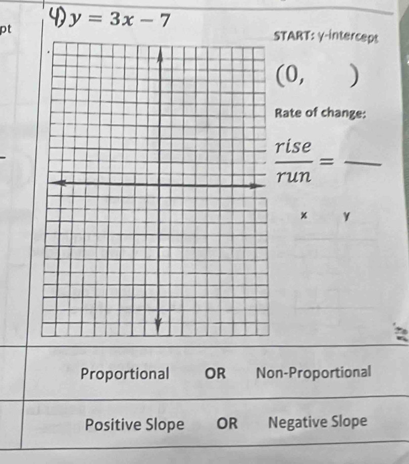 pt
y=3x-7
START: γ -intercept
(0,)
Rate of change:
 rise/run =frac 
y
□ 
Proportional OR Non-Proportional
Positive Slope OR Negative Slope