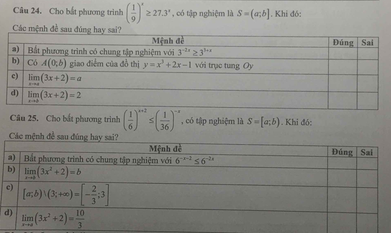 Cho bất phương trình ( 1/9 )^x≥ 27.3^x , có tập nghiệm là S=(a;b]. Khi đó:
Các mệnh đề sau
Câu 25. Cho bất phương trình ( 1/6 )^x+2≤ ( 1/36 )^-x , có tập nghiệm là S=[a;b). Khi đó: