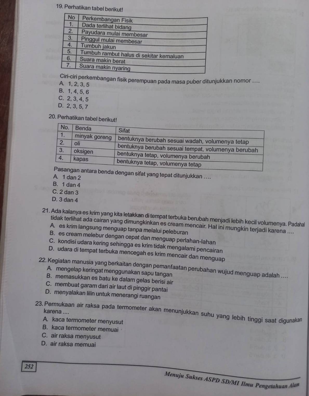 Perhatikan tabel berikut!
perkembangan fisik perempuan pada masa puber ditunjukkan nomor ....
A. 1, 2, 3, 5
B. 1, 4, 5, 6
C. 2, 3, 4, 5
D. 2, 3, 5, 7
20. Perhatikan tabel berikut!
engan sifat yang tepat ditunjukkan ....
A. 1 dan 2
B. 1 dan 4
C. 2 dan 3
D. 3 dan 4
21. Ada kalanya es krim yang kita letakkan di tempat terbuka berubah menjadi lebih kecil volumenya. Padahal
tidak terlihat ada cairan yang dimungkinkan es cream mencair. Hal ini mungkin terjadi karena ....
A. es krim langsung menguap tanpa melalui peleburan
B. es cream melebur dengan cepat dan menguap perlahan-lahan
C. kondisi udara kering sehingga es krim tidak mengalami pencairan
D. udara di tempat terbuka mencegah es krim mencair dan menguap
22. Kegiatan manusia yang berkaitan dengan pemanfaatan perubahan wujud menguap adalah ....
A. mengelap keringat menggunakan sapu tangan
B. memasukkan es batu ke dalam gelas berisi air
C. membuat garam dari air laut di pinggir pantai
D. menyalakan lilin untuk menerangi ruangan
23.Permukaan air raksa pada termometer akan menunjukkan suhu yang lebih tinggi saat digunakan karena ....
A. kaca termometer menyusut
B. kaca termometer memuai
C. air raksa menyusut
D. air raksa memuai
252
Menuju Sukses ASPD SD/MI Ilmu Pengetahuan Alam