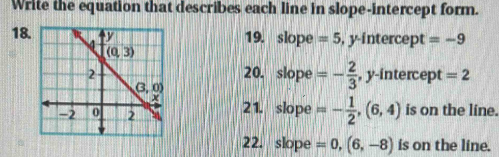 Write the equation that describes each line in slope-intercept form.
18.19. slope =5 , y-intercept =-9
20. slope =- 2/3  , y-intercept =2
21. slope =- 1/2 ,(6,4) is on the line.
22. slope =0,(6,-8) is on the line.