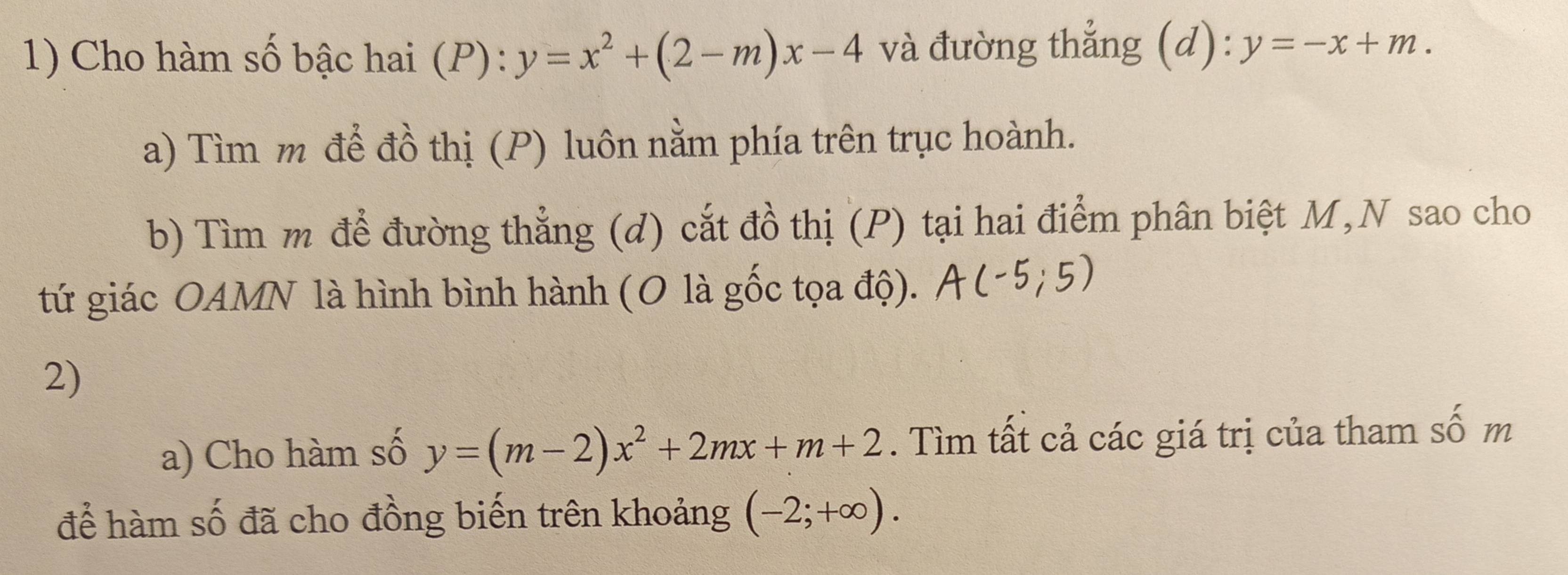 Cho hàm số bậc hai (P): y=x^2+(2-m)x-4 và đường thẳng (d): y=-x+m. 
a) Tìm m để đồ thị (P) luôn nằm phía trên trục hoành. 
b) Tìm m để đường thẳng (d) cắt đồ thị (P) tại hai điểm phân biệt M,N sao cho 
tứ giác OAMN là hình bình hành (O là gốc tọa độ). 
2) 
a) Cho hàm số y=(m-2)x^2+2mx+m+2. Tìm tất cả các giá trị của tham số m 
để hàm số đã cho đồng biến trên khoảng (-2;+∈fty ).