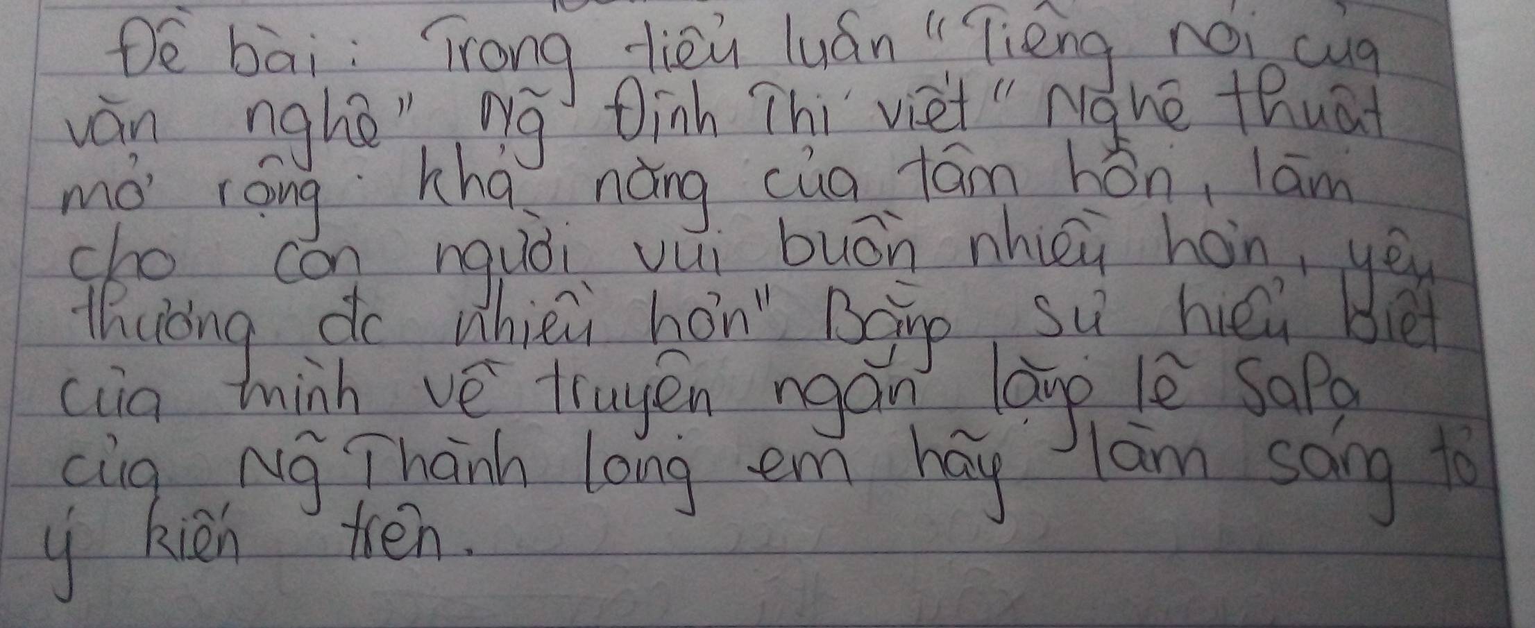 De bài Trong dièù luán "qièng nài cug 
vàn nghé" Ng Dinh Thi viet " Nàhe thuat 
mó ráng hha náng cua lám hǒn, lam 
cho cón nquòi vui buán nhièi hon, ye 
Thuong do whièi hón" Bgnp sú héi bié 
cia minh ve trugén ngàn làng lè sopg 
cing Ng Thanh long em hay lam sāng to 
y kin thén