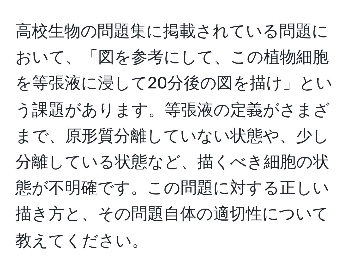 高校生物の問題集に掲載されている問題において、「図を参考にして、この植物細胞を等張液に浸して20分後の図を描け」という課題があります。等張液の定義がさまざまで、原形質分離していない状態や、少し分離している状態など、描くべき細胞の状態が不明確です。この問題に対する正しい描き方と、その問題自体の適切性について教えてください。