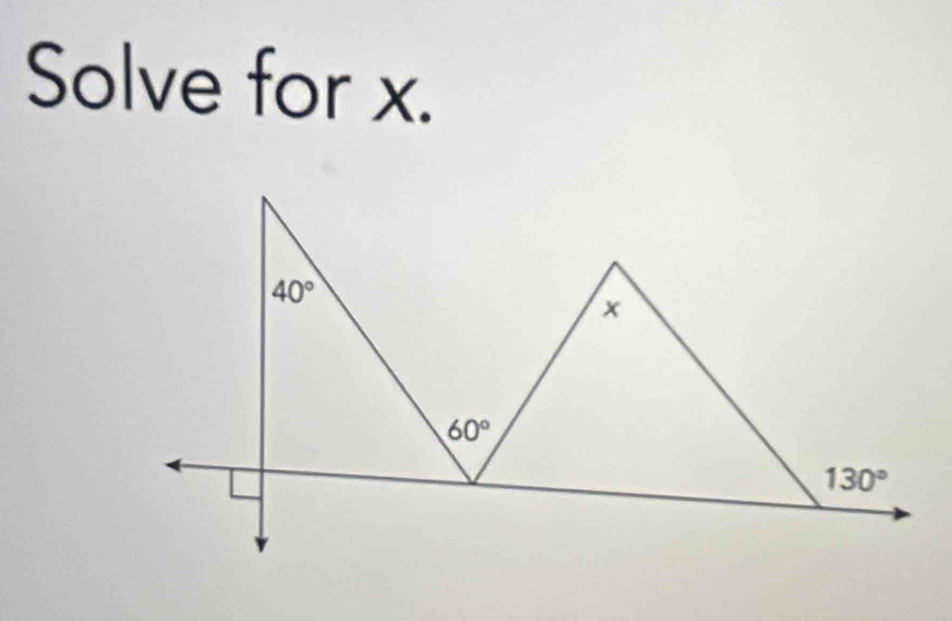 Solve for x.
40°
x
60°
130°