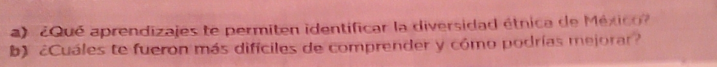 ¿Qué aprendizajes te permiten identificar la diversidad étnica de México? 
b) ¿Cuáles te fueron más difíciles de comprender y cómo podrías mejorar