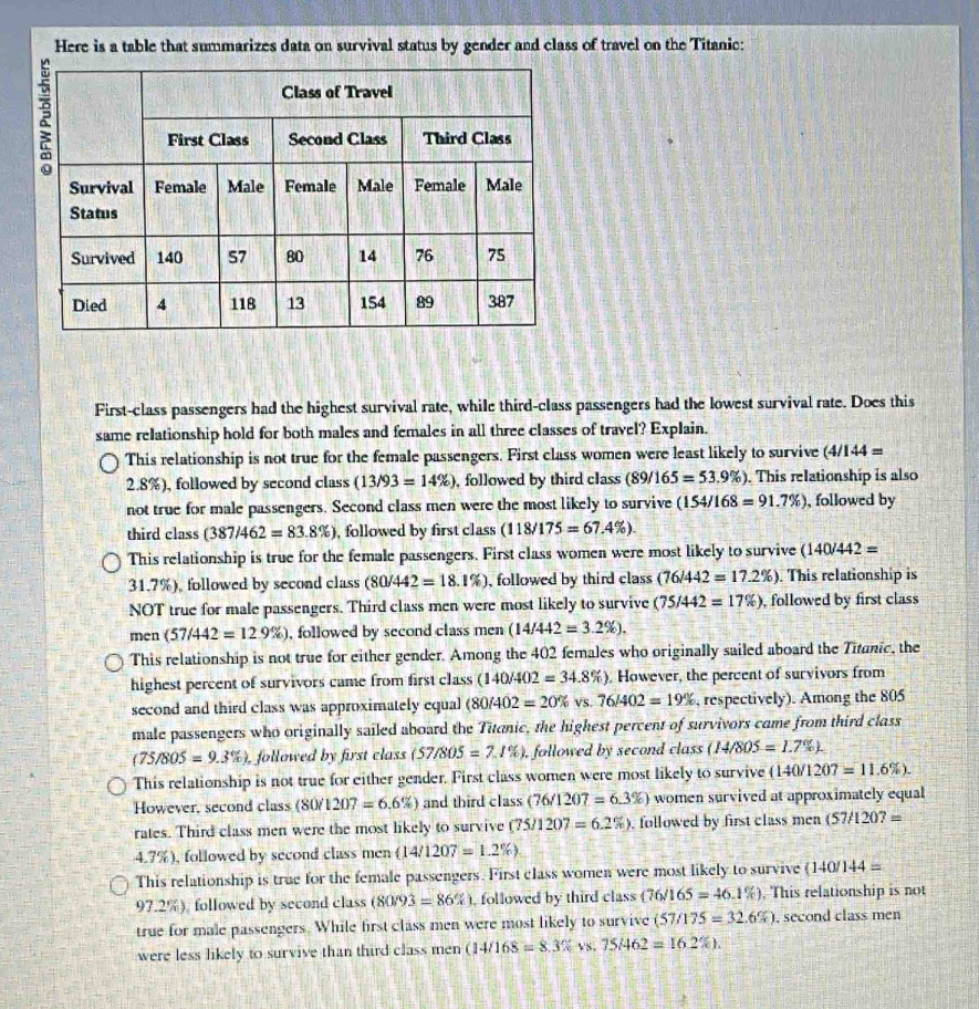 Here is a table that summarizes data on survival status by gender and class of travel on the Titanic:
First-class passengers had the highest survival rate, while third-class passengers had the lowest survival rate. Does this
same relationship hold for both males and females in all three classes of travel? Explain.
This relationship is not true for the female passengers. First class women were least likely to survive (4/144=
2.8%), followed by second class (13/93=14% ) , followed by third class (89/165=53.9% ). This relationship is also
not true for male passengers. Second class men were the most likely to survive (154/168=91.7% ) , followed by
third class (387/462=83.8% ) , followed by first class (118/175=67.4% ).
This relationship is true for the female passengers. First class women were most likely to survive (140/442=
31.7%), followed by second class (80/442=18.1% ) , followed by third class (76/442=17.2% ). This relationship is
NOT true for male passengers. Third class men were most likely to survive (75/442=17% ) , followed by first class
men (57/442=12.9% ) , followed by second class men (14/442=3.2% ).
This relationship is not true for either gender. Among the 402 females who originally sailed aboard the Titanic, the
highest percent of survivors came from first class (140/402=34.8% ). However, the percent of survivors from
second and third class was approximately equal (80/402=20% vs. 76/402=19% , respectively). Among the 805
male passengers who originally sailed aboard the Titanic, the highest percent of survivors came from third class
(75/805=9.3% ) followed by first class (57/805=7.1% ). followed by second class. (14/805=1.7% ).
This relationship is not true for either gender. First class women were most likely to survive (140/1207=11.6% ).
However, second class (80/1207=6.6% ) and third class (76/1207=6.3% ) women survived at approximately equal
rates. Third class men were the most likely to survive (75/1207=6.2% ) , followed by first class men (57/1207=
4.7%), followed by second class men (14/1207=1.2% )
This relationship is true for the female passengers. First class women were most likely to survive (140/144=
97.2%) followed by second class (80/93=86% ) , followed by third class (76/165=46.1% ) , This relationship is not
true for male passengers. While first class men were most likely to survive (57/175=32.6% ) , second class men
were less likely to survive than third class men (14/168=8.3% vs.75/462=16.2% ).