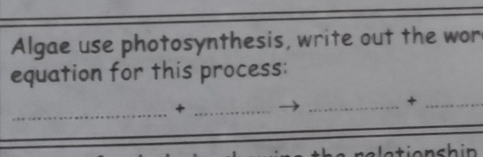 Algae use photosynthesis, write out the wor 
equation for this process: 
_+_ 
_ 
_+