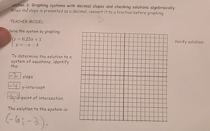 ection 3: Graphing systems with decimal slopes and checking solutions algebraically 
When the slope is presented as a decimal, convert it to a fraction before graphing. 
TEACHER MODEL: 
Solve the system by graphing
beginarrayl y=0.25x+1 y=-x-4endarray.
Verify solution: 
To determine the selution to a 
the: system of equations, identify 
slope 
y-intercept 
point of intersection 
The solution to the systcm is: