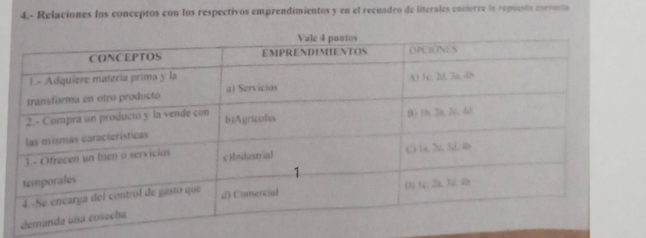 4,- Relaciones los conceptos con los respectivos emprendimientos y en el recundro de literales encierre la repuesto correcta