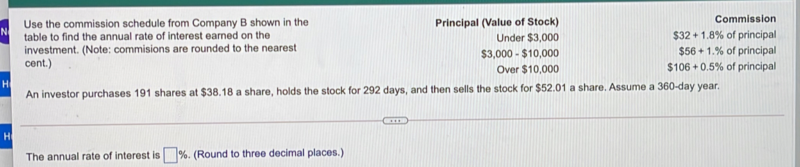 Use the commission schedule from Company B shown in the Principal (Value of Stock) Commission
table to find the annual rate of interest earned on the Under $3,000 $32+1.8% of principal
investment. (Note: commisions are rounded to the nearest $56+1.% of principal
$3,000 - $10,000
cent.) Over $10,000 $106+0.5% of principal
An investor purchases 191 shares at $38.18 a share, holds the stock for 292 days, and then sells the stock for $52.01 a share. Assume a 360-day year.
The annual rate of interest is | %. (Round to three decimal places.)