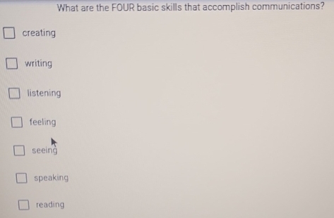 What are the FOUR basic skills that accomplish communications?
creating
writing
listening
feeling
seeing
speaking
reading