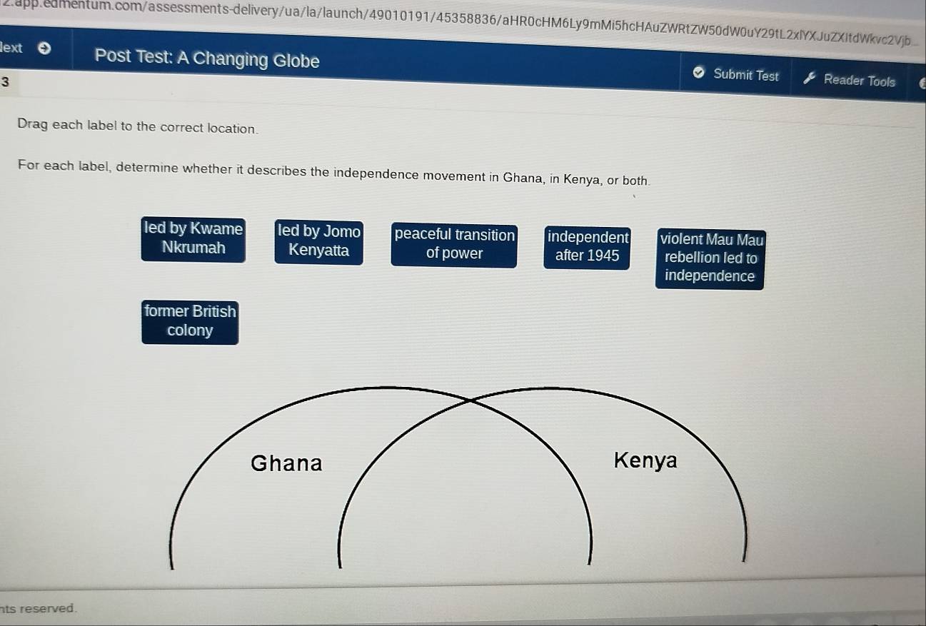 lext Post Test: A Changing Globe 
Submit Test 
3 Reader Tools 
Drag each label to the correct location. 
For each label, determine whether it describes the independence movement in Ghana, in Kenya, or both 
led by Kwame led by Jomo peaceful transition independent violent Mau Mau 
Nkrumah Kenyatta of power after 1945 rebellion led to 
independence 
former British 
colony 
Ghana Kenya 
nts reserved.