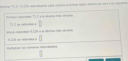 Estimar 71.2* 0.226 redondeando cada número al primer dígito distinto de cero a su izquierda 
Primero redondear 71.2 a la decena más cercana. 
□
71.2 se redondea a 
Ahora redondear 0.226 a la décima más cercana.
0.226 se redondea a □
Multiplicar los números redondeados.