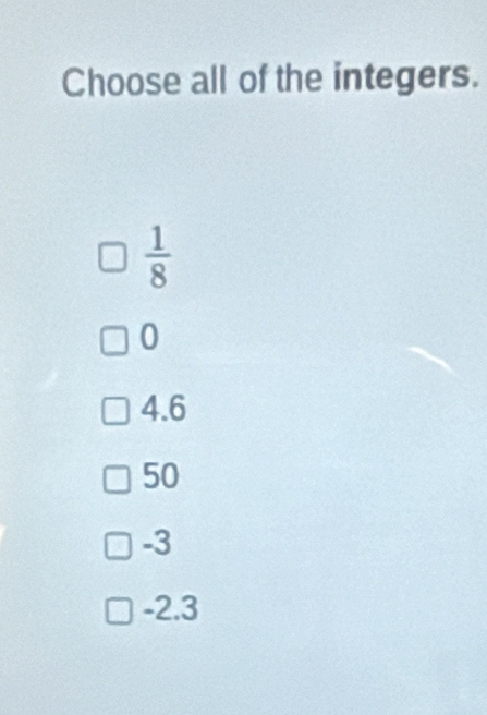 Choose all of the integers.
 1/8 
0
4.6
50
-3
-2.3