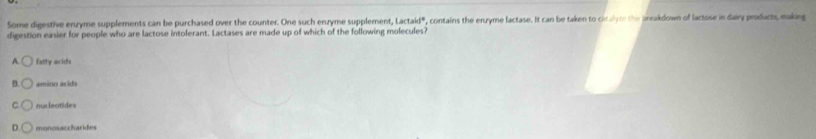 Some digestive enzyme supplements can be purchased over the counter. One such enzyme supplement, Lactaid®, contains the enzyme lactase. It can be taken to cicalyte the preakdown of lactose in dairy products, making
digestion easier for people who are lactose intolerant. Lactases are made up of which of the following molecules?
A fatty acids
amino acids
nucleotides
monosaccharides