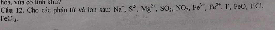 hóa, vừa có tỉnh khử? 
Câu 12. Cho các phân tử và ion sau: Na^+, S^(2-), Mg^(2+), SO_2, NO_2, Fe^(3+), Fe^(2+), F, FeO, HCl,
FeCl_3.