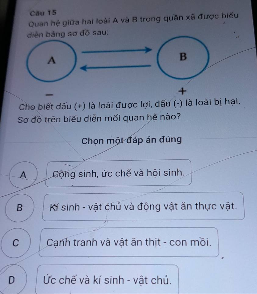 Quan hệ giữa hai loài A và B trong quần xã được biểu
diễn bằng sơ đồ sau:
A
B

4
Cho biết dấu (+) là loài được lợi, dấu (-) là loài bị hại.
Sơ đồ trên biểu diễn mối quan hệ nào?
Chọn một đáp án đúng
A Cộng sinh, ức chế và hội sinh.
B Kí sinh - vật chủ và động vật ăn thực vật.
C Cạnh tranh và vật ăn thịt - con mồi.
D Ức chế và kí sinh - vật chủ.